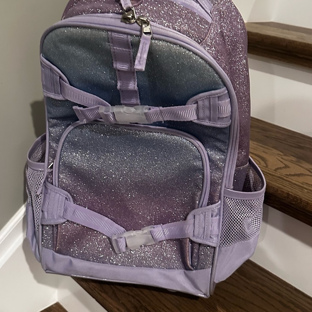 Pottery Barn Kids Sparkly Purple and Silver Backpack with wheels